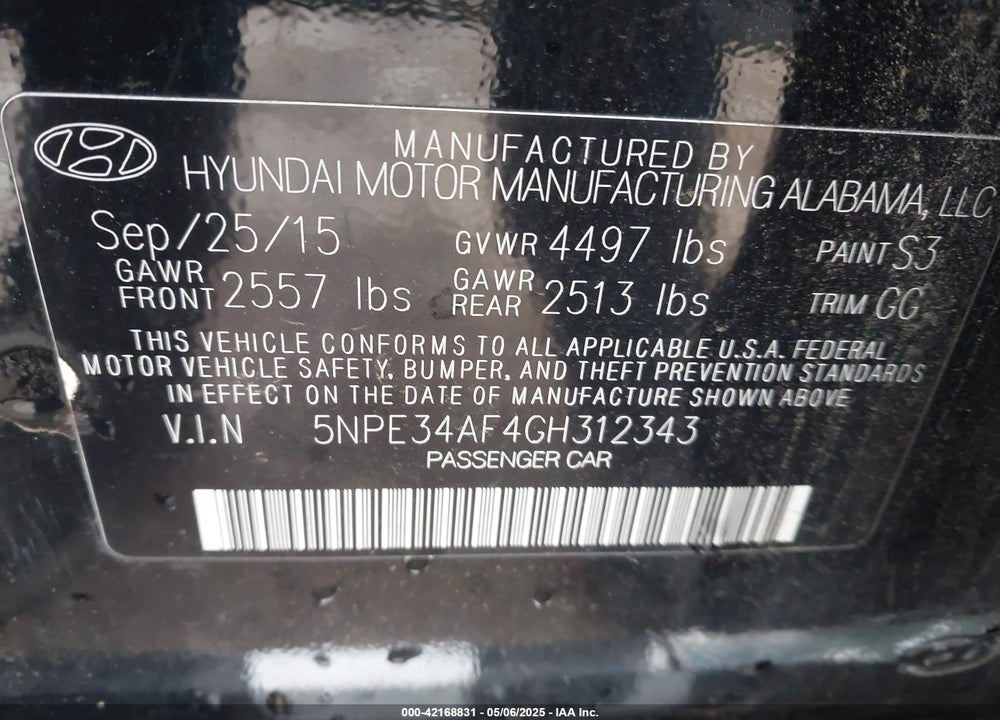 2016 HYUNDAI SONATA VIN: 5NPE34AF4GH312343