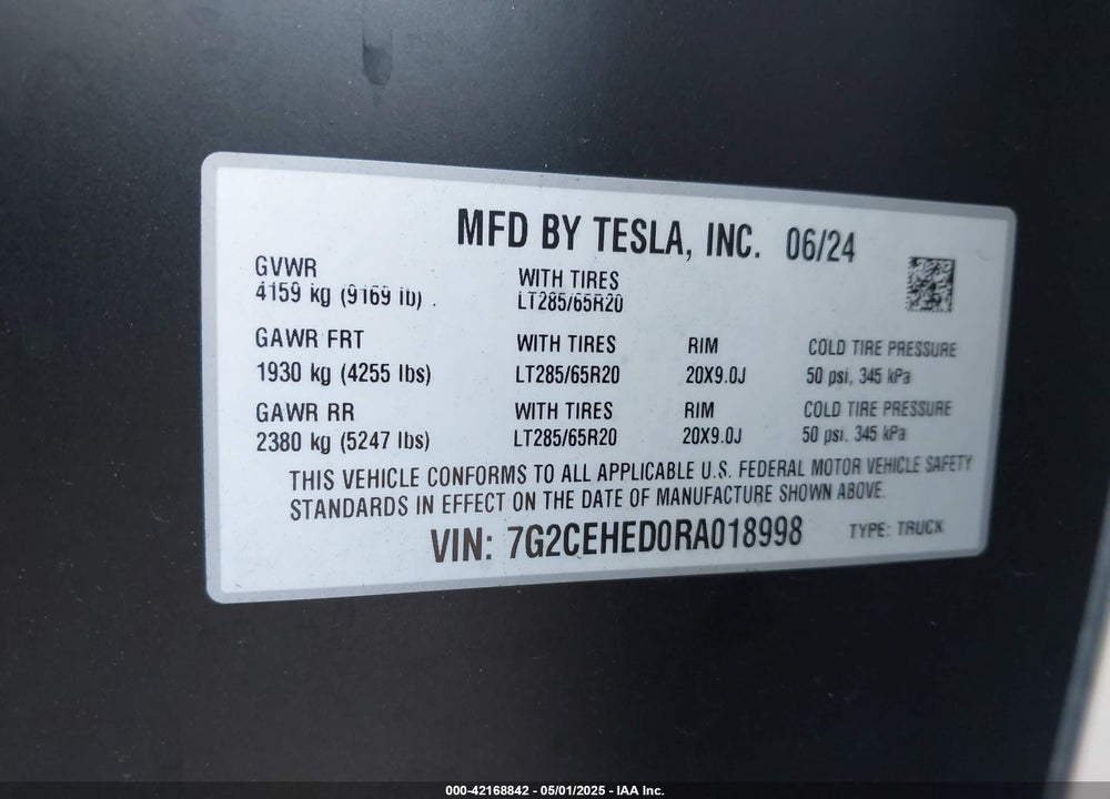 2024 TESLA CYBERTRUCK ALL-WHEEL DRIVE VIN: 7G2CEHED0RA018998