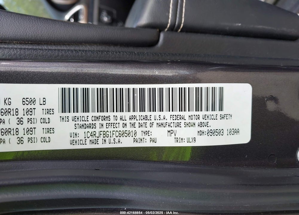 2015 JEEP GRAND CHEROKEE LIMITED VIN: 1C4RJFBG1FC605010