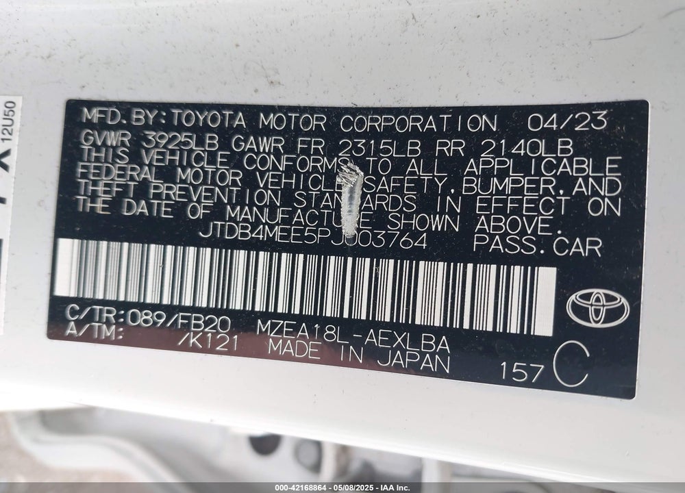 2023 TOYOTA COROLLA VIN: JTDB4MEE5PJ003764