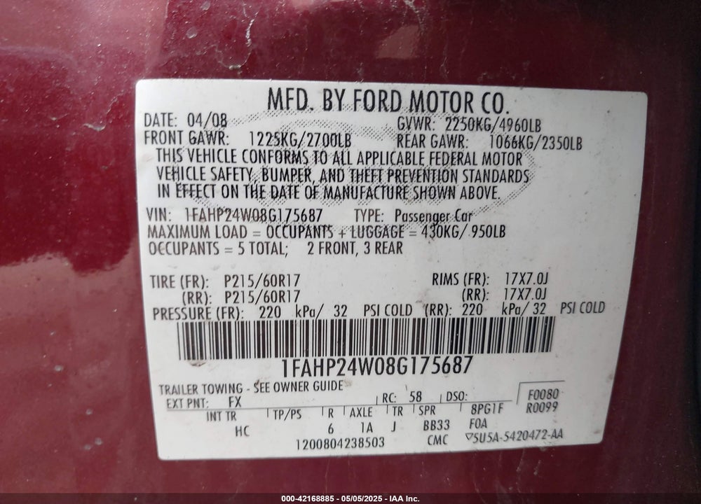 2008 FORD TAURUS SEL VIN: 1FAHP24W08G175687