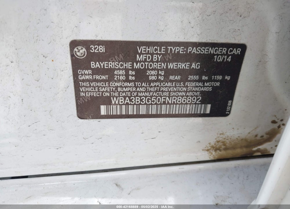 2015 BMW 328I XDRIVE VIN: WBA3B3G50FNR86892