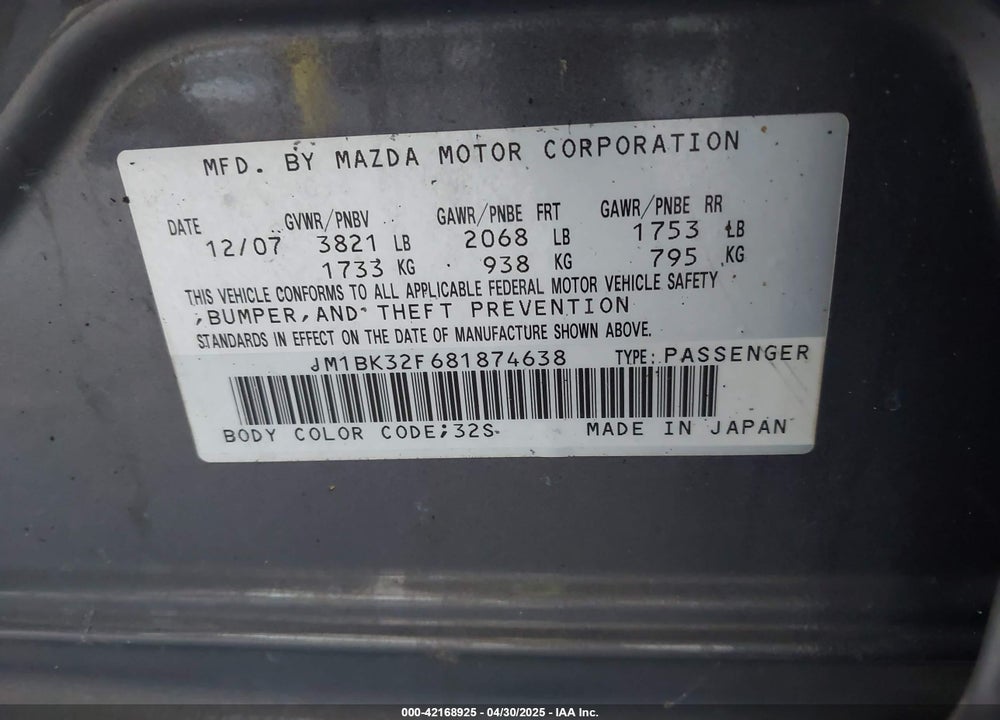 2008 MAZDA 3 I VIN: JM1BK32F681874638