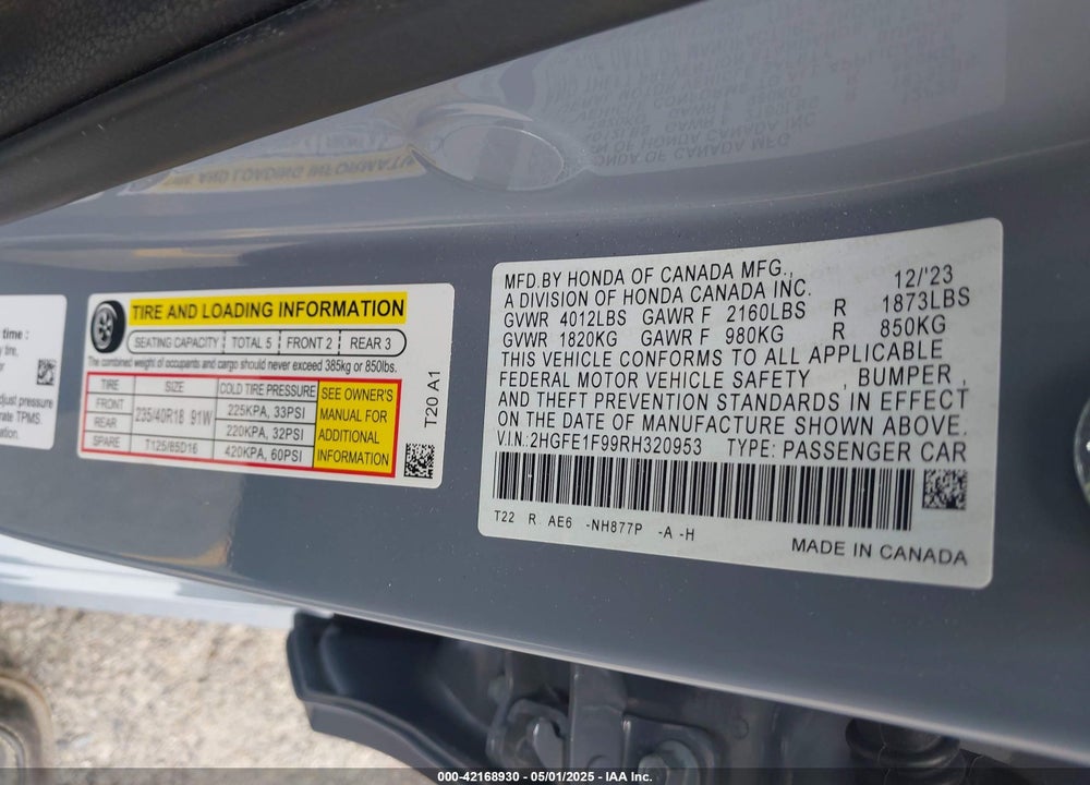 2024 HONDA CIVIC VIN: 2HGFE1F99RH320953