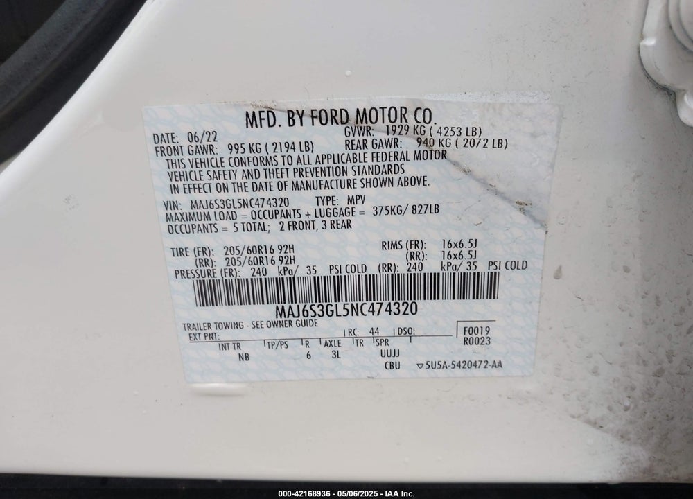 2022 FORD ECOSPORT SE VIN: MAJ6S3GL5NC474320