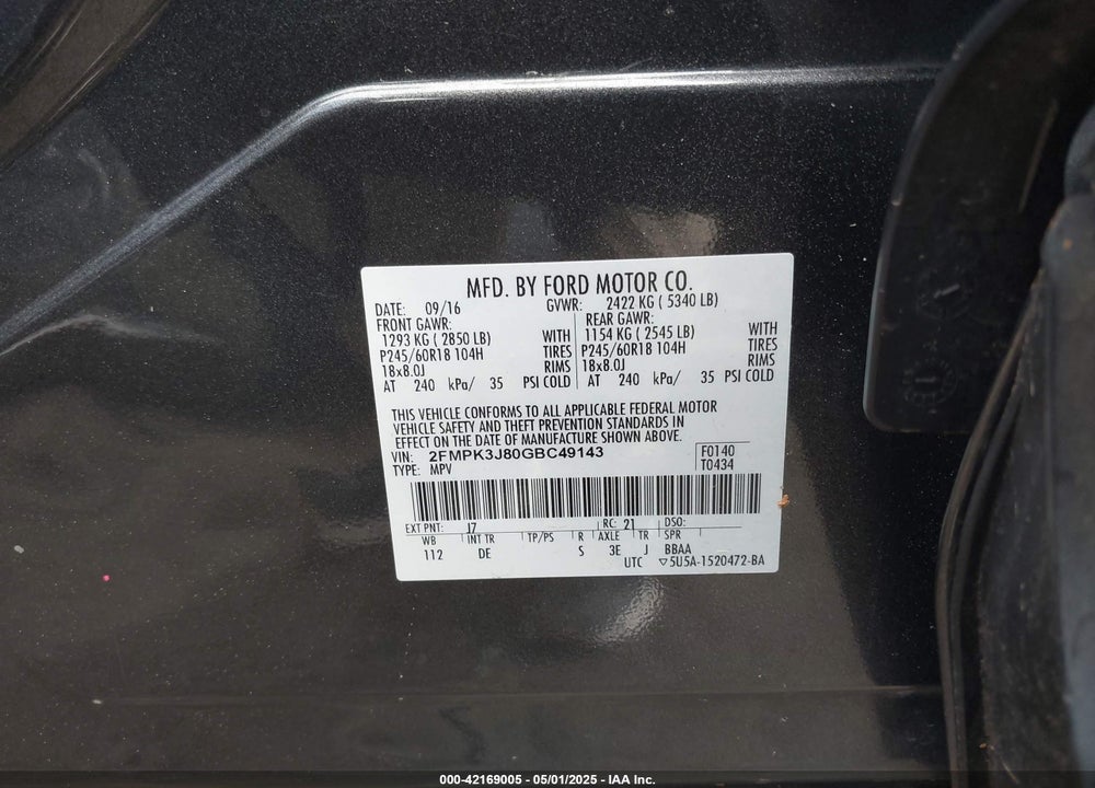2016 FORD EDGE VIN: 2FMPK3J80GBC49143