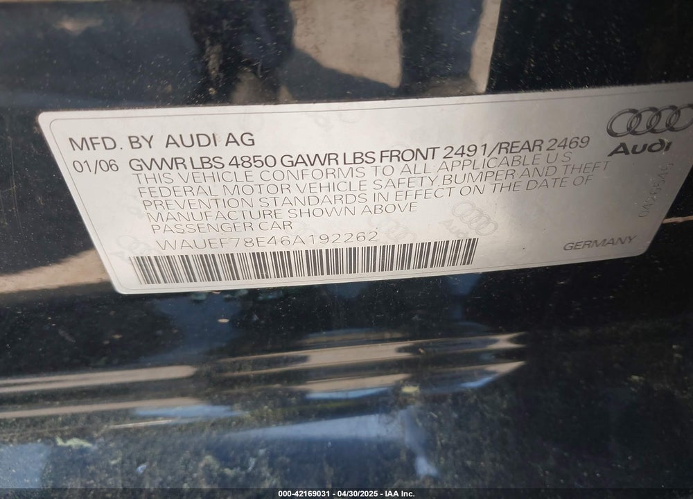 2006 AUDI A4 2.0T VIN: WAUEF78E46A192262