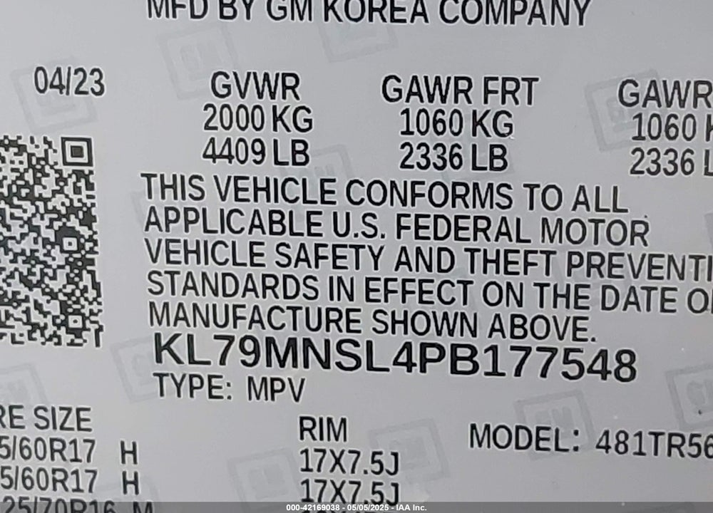 2023 CHEVROLET TRAILBLAZER AWD LS VIN: KL79MNSL4PB177548