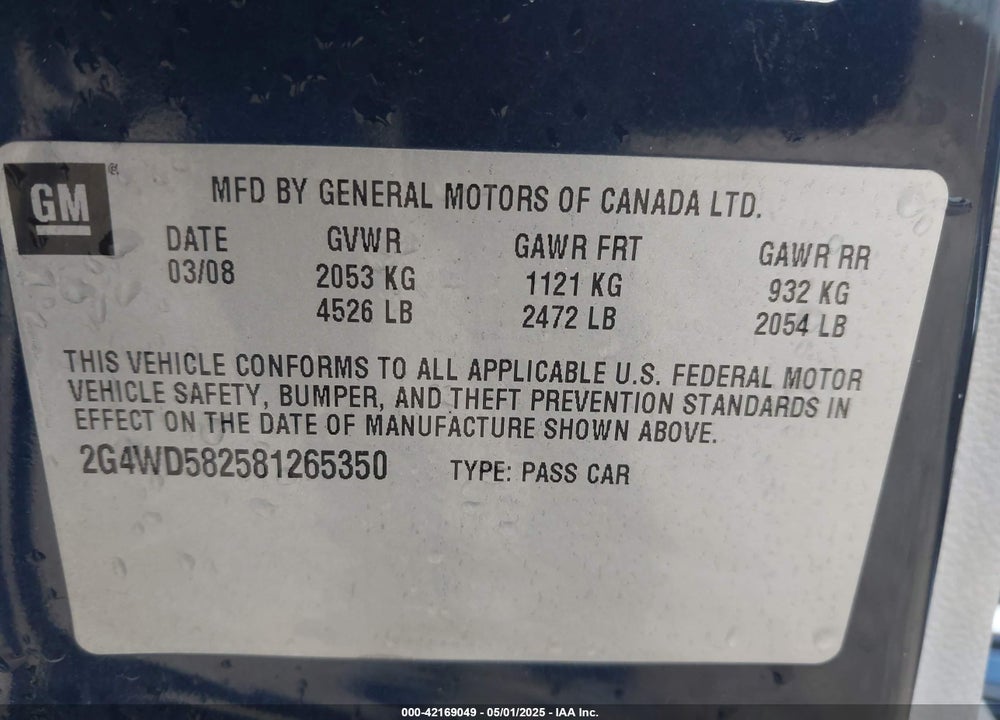 2008 BUICK LACROSSE VIN: 2G4WD582581265350