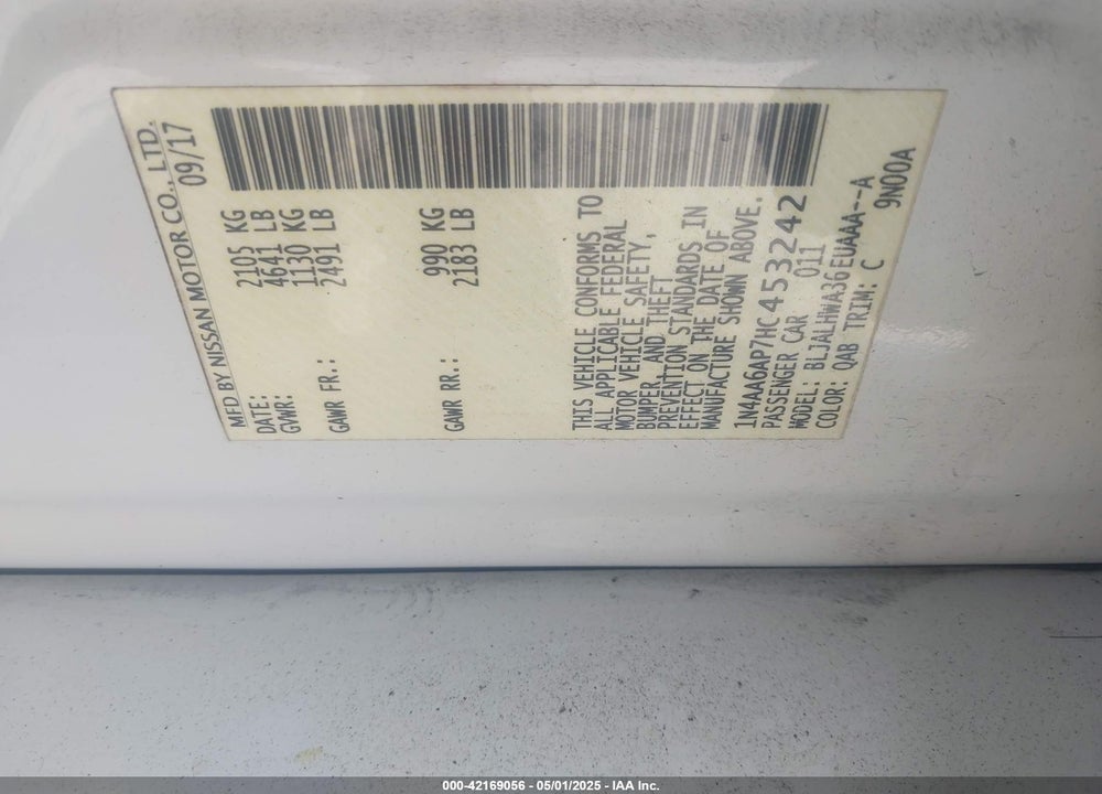 2017 NISSAN MAXIMA VIN: 1N4AA6AP7HC453242