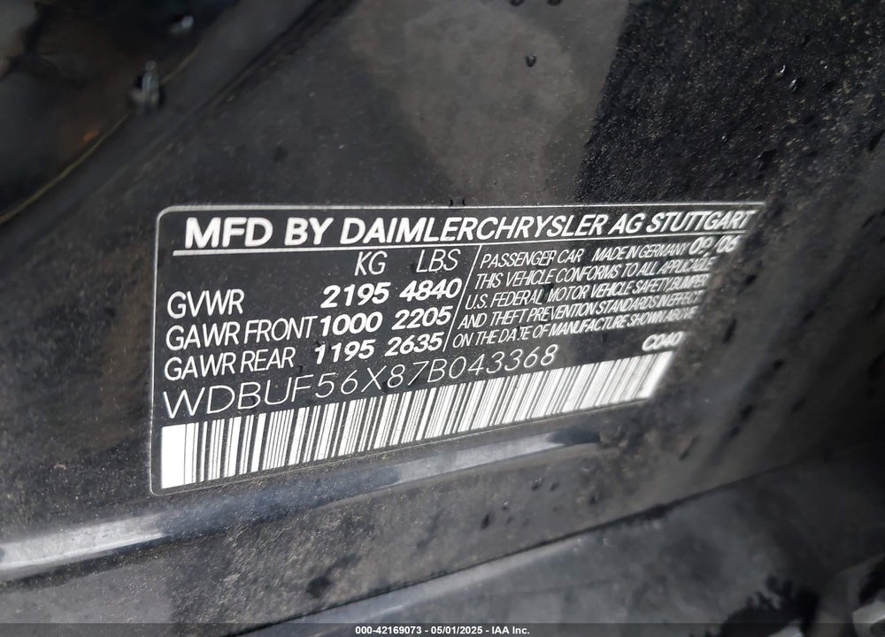 2007 MERCEDES-BENZ E 350 VIN: WDBUF56X87B043368