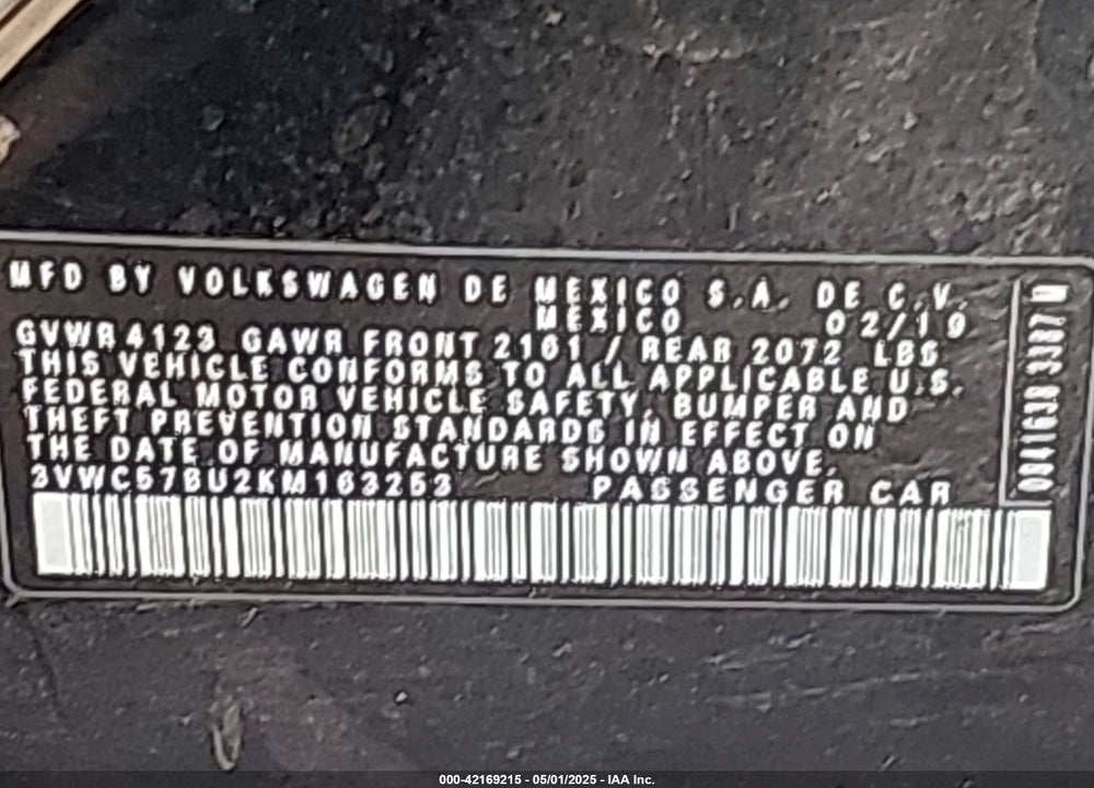 2019 VOLKSWAGEN JETTA VIN: 3VWC57BU2KM163253