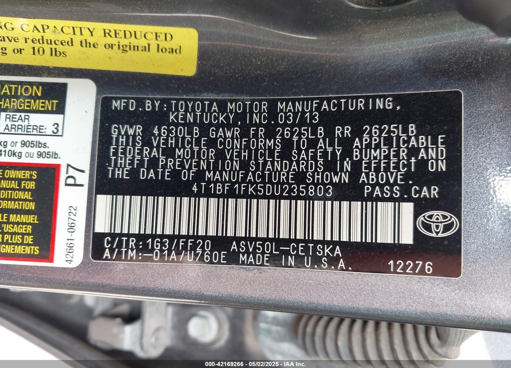 2013 TOYOTA CAMRY SE VIN: 4T1BF1FK5DU235803