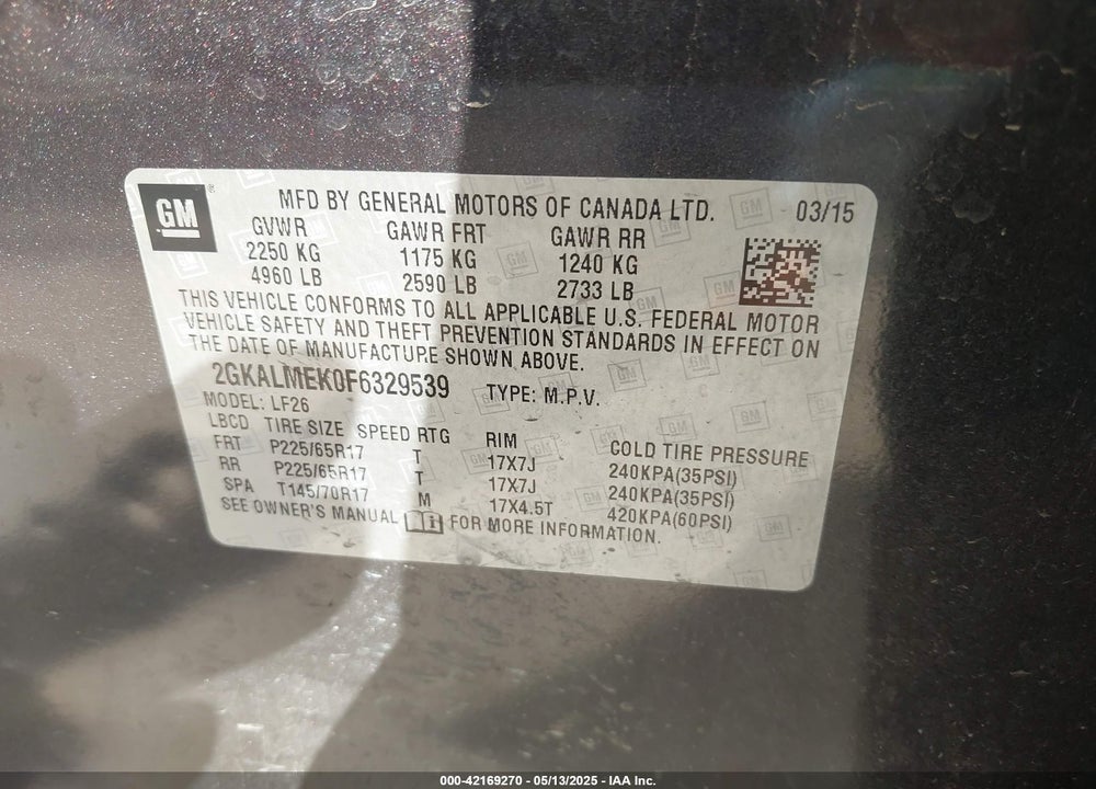 2015 GMC TERRAIN VIN: 2GKALMEK0F6329539