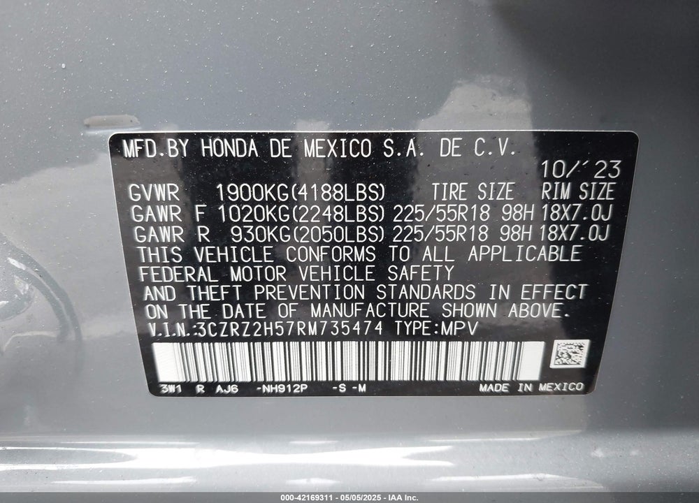 2024 HONDA HR-V VIN: 3CZRZ2H57RM735474