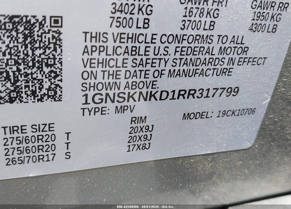 2024 CHEVROLET TAHOE 4WD LT VIN: 1GNSKNKD1RR317799