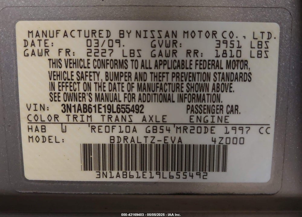 2009 NISSAN SENTRA 2.0S VIN: 3N1AB61E19L655492