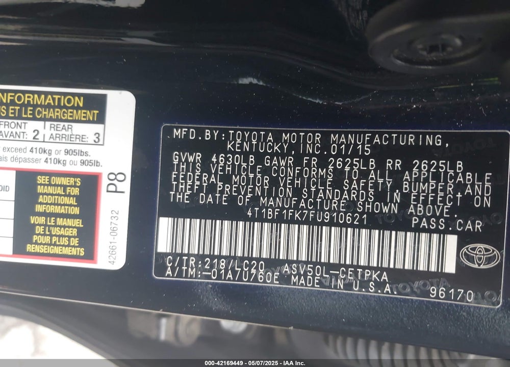 2015 TOYOTA CAMRY XSE VIN: 4T1BF1FK7FU910621