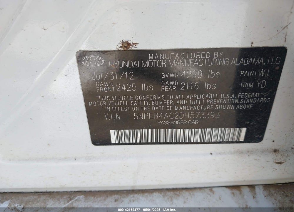 2013 HYUNDAI SONATA GLS VIN: 5NPEB4AC2DH573393