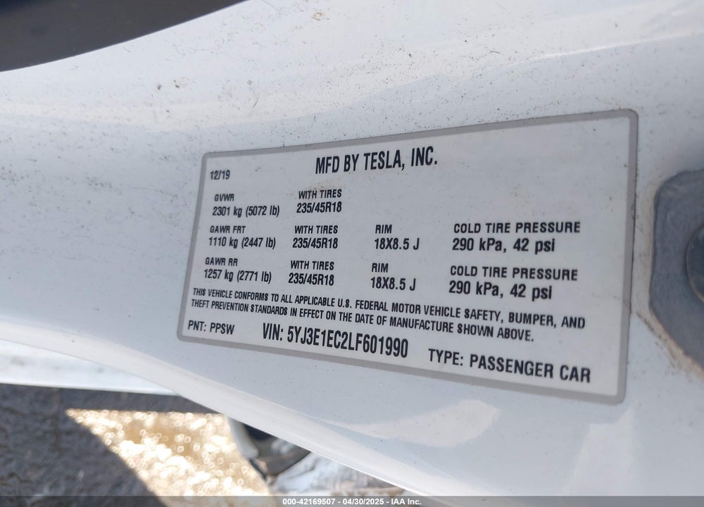 2020 TESLA MODEL 3 VIN: 5YJ3E1EC2LF601990