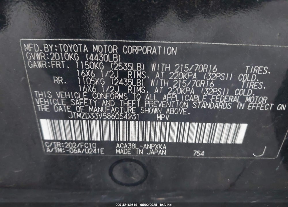 2008 TOYOTA RAV4 VIN: JTMZD33V586054231