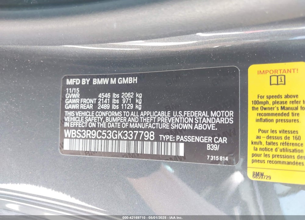 2016 BMW M4 VIN: WBS3R9C53GK337798