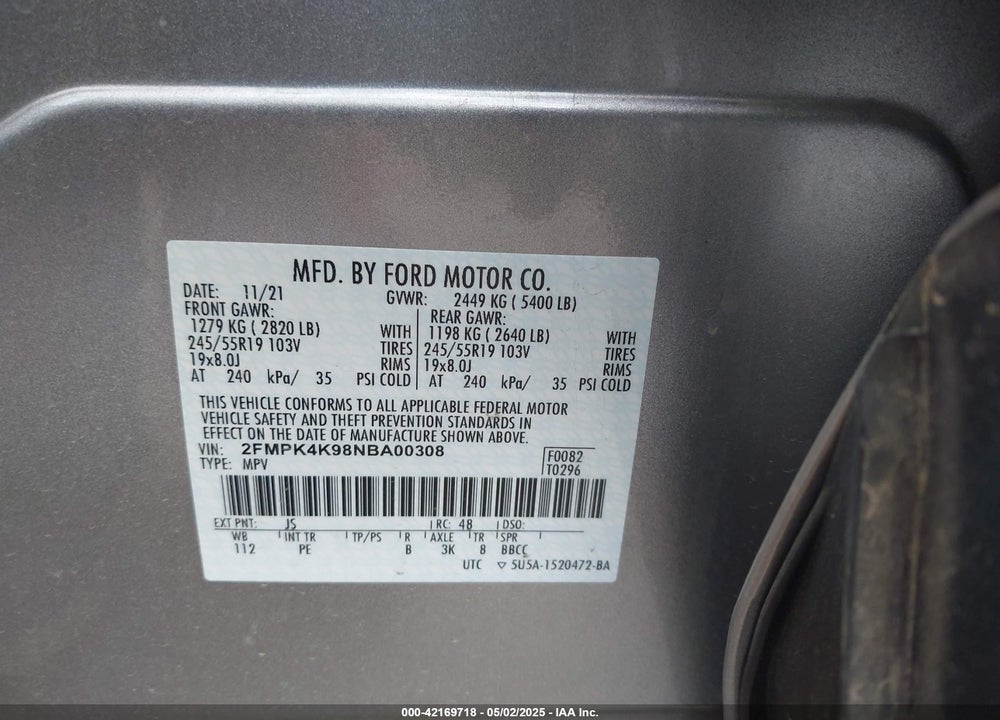 2022 FORD EDGE VIN: 2FMPK4K98NBA00308