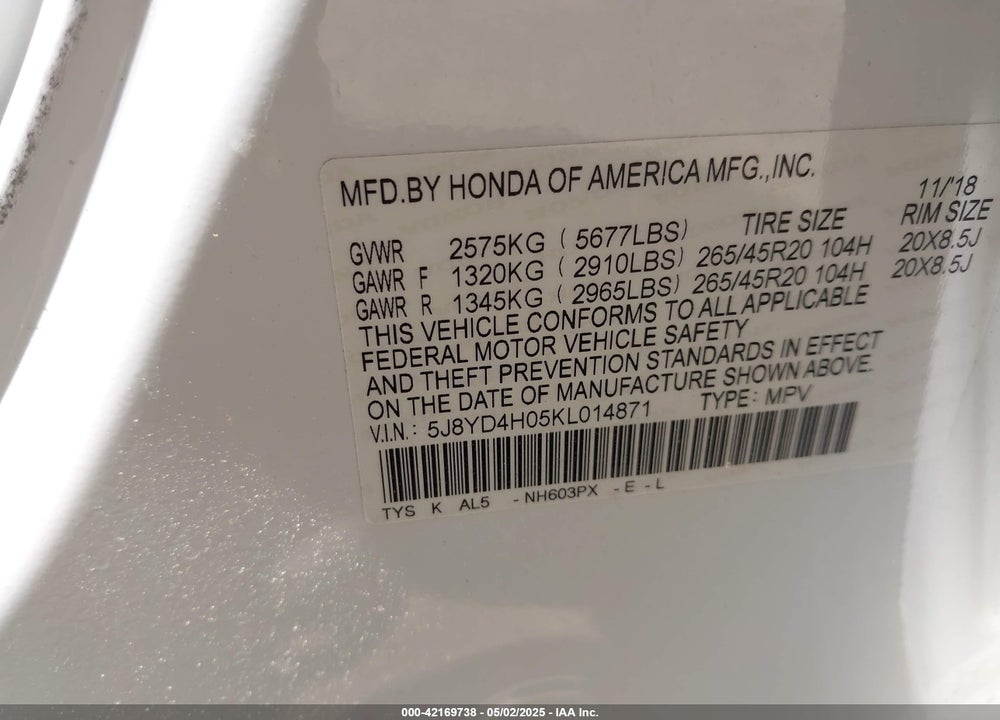 2019 ACURA MDX VIN: 5J8YD4H05KL014871