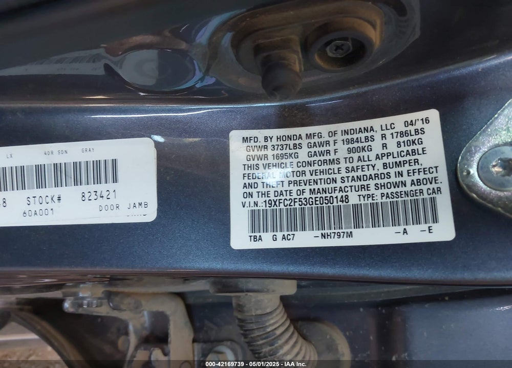 2016 HONDA CIVIC VIN: 19XFC2F53GE050148