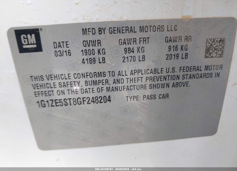 2016 CHEVROLET MALIBU 1LT VIN: 1G1ZE5ST8GF248204