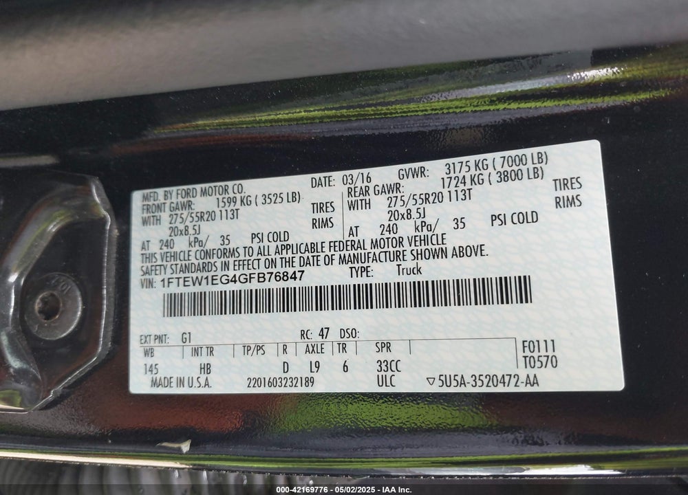 2016 FORD F-150 LARIAT VIN: 1FTEW1EG4GFB76847