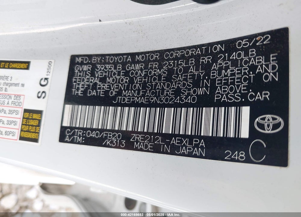 2022 TOYOTA COROLLA VIN: JTDEPMAE9N3024340