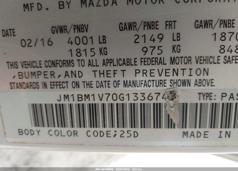2016 MAZDA 3 I TOURING VIN: JM1BM1V70G1336745