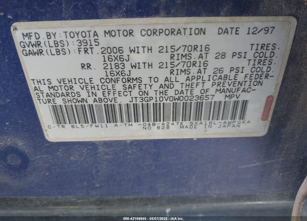 1998 TOYOTA RAV4 VIN: JT3GP10V0W0023657