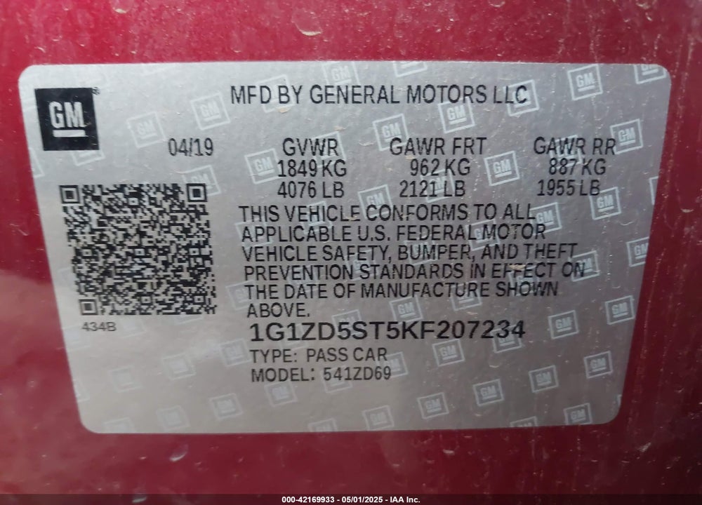 2019 CHEVROLET MALIBU LT VIN: 1G1ZD5ST5KF207234