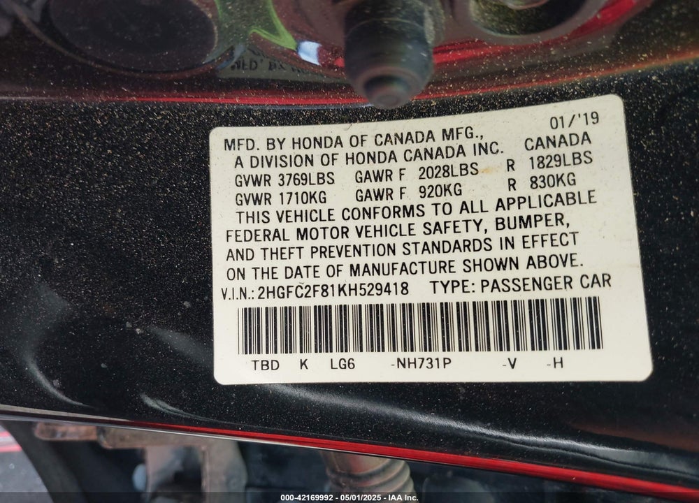 2019 HONDA CIVIC VIN: 2HGFC2F81KH529418