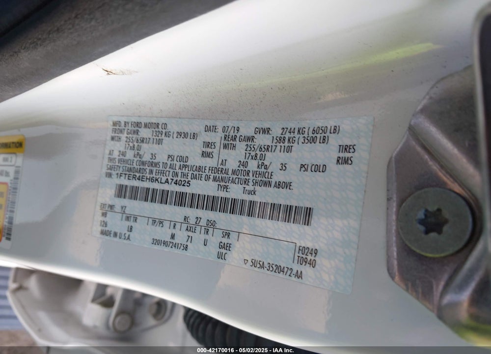 2019 FORD RANGER XLT VIN: 1FTER4EH6KLA74025