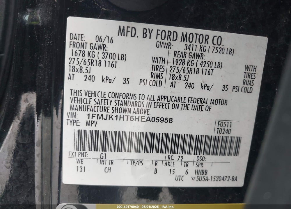2017 FORD EXPEDITION EL XLT VIN: 1FMJK1HT6HEA05958