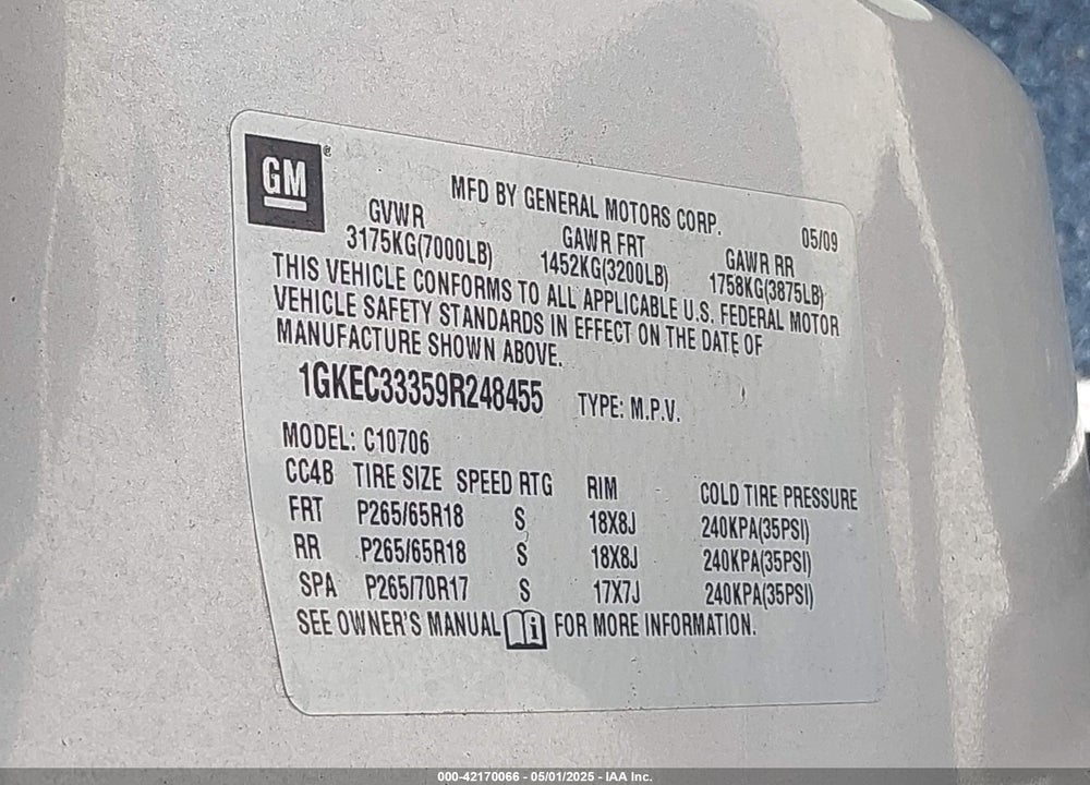 2009 GMC YUKON VIN: 1GKEC33359R248455