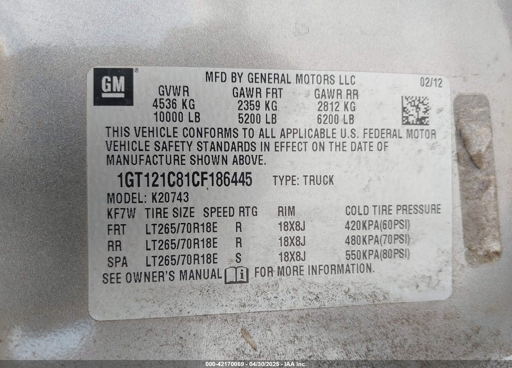 2012 GMC SIERRA 2500HD VIN: 1GT121C81CF186445