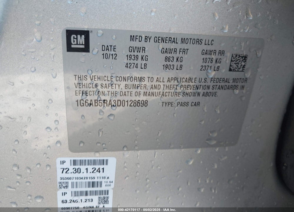 2013 CADILLAC ATS VIN: 1G6AB5RA3D0128698