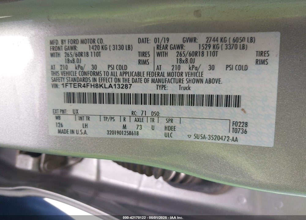 2019 FORD RANGER XLT VIN: 1FTER4FH8KLA13287