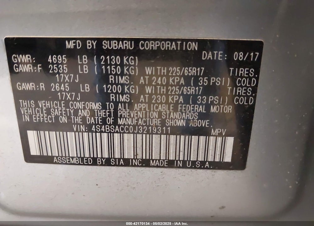 2018 SUBARU OUTBACK 2.5I PREMIUM VIN: 4S4BSACC0J3219311