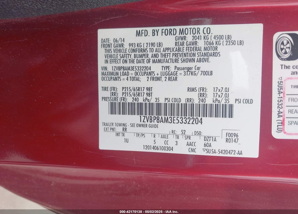 2014 FORD MUSTANG V6 VIN: 1ZVBP8AM3E5332204