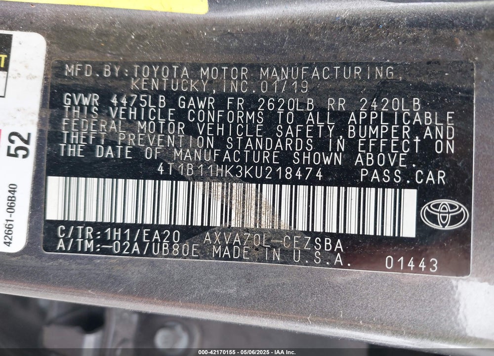 2019 TOYOTA CAMRY VIN: 4T1B11HK3KU218474