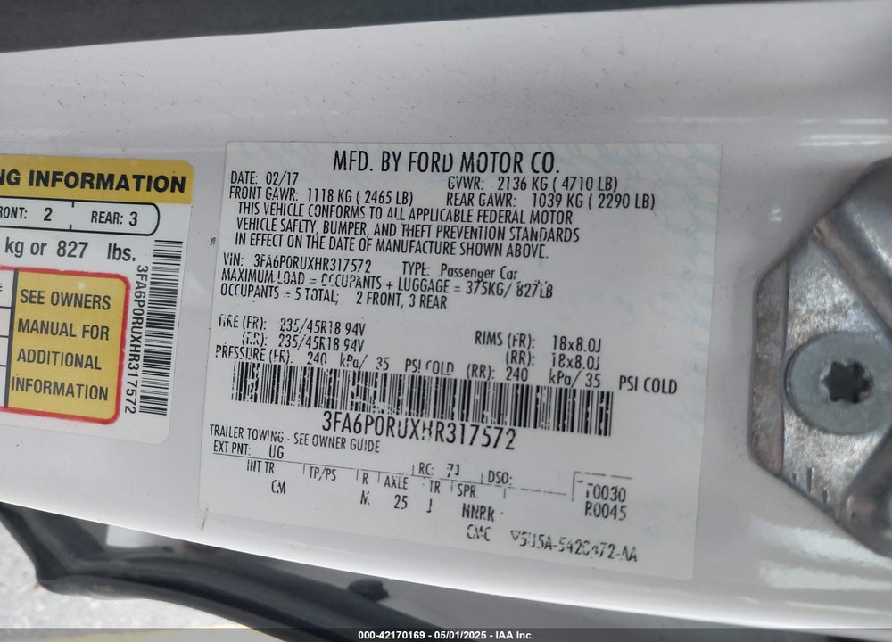 2017 FORD FUSION HYBRID TITANIUM VIN: 3FA6P0RUXHR317572
