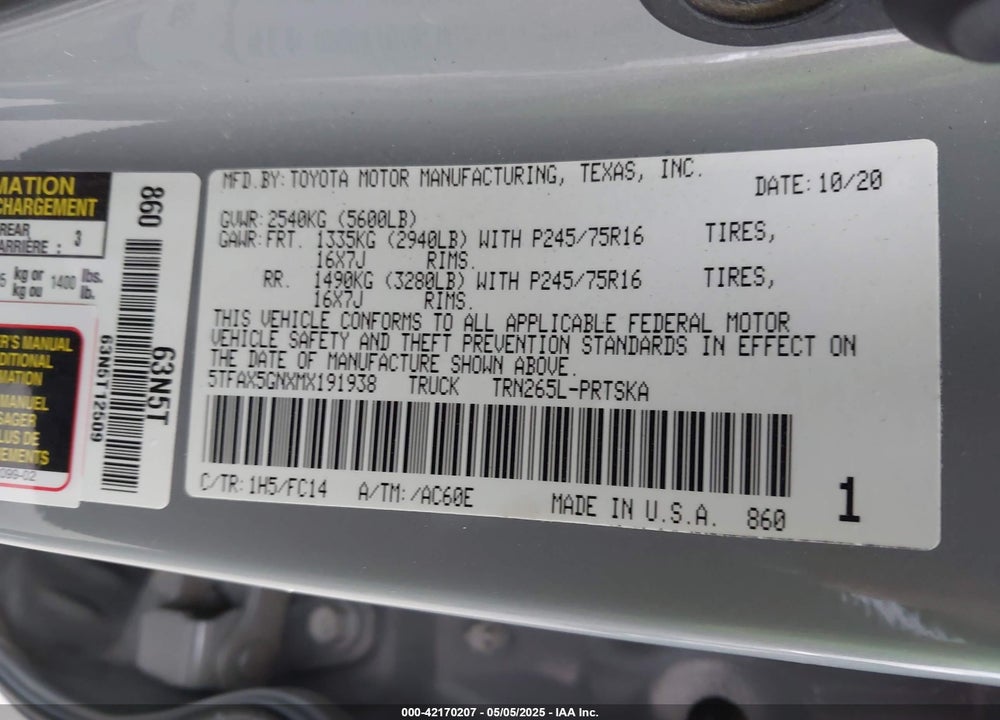 2021 TOYOTA TACOMA DOUBLE CAB/SR/SR5 VIN: 5TFAX5GNXMX191938