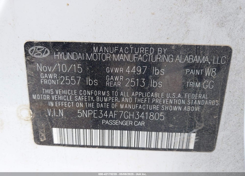 2016 HYUNDAI SONATA VIN: 5NPE34AF7GH341805