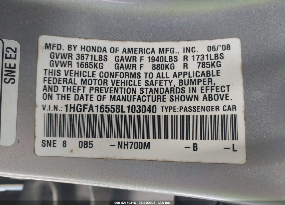 2008 HONDA CIVIC LX VIN: 1HGFA16558L103040