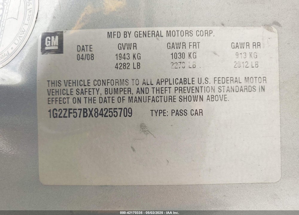 2008 PONTIAC G6 VIN: 1G2ZF57BX84255709